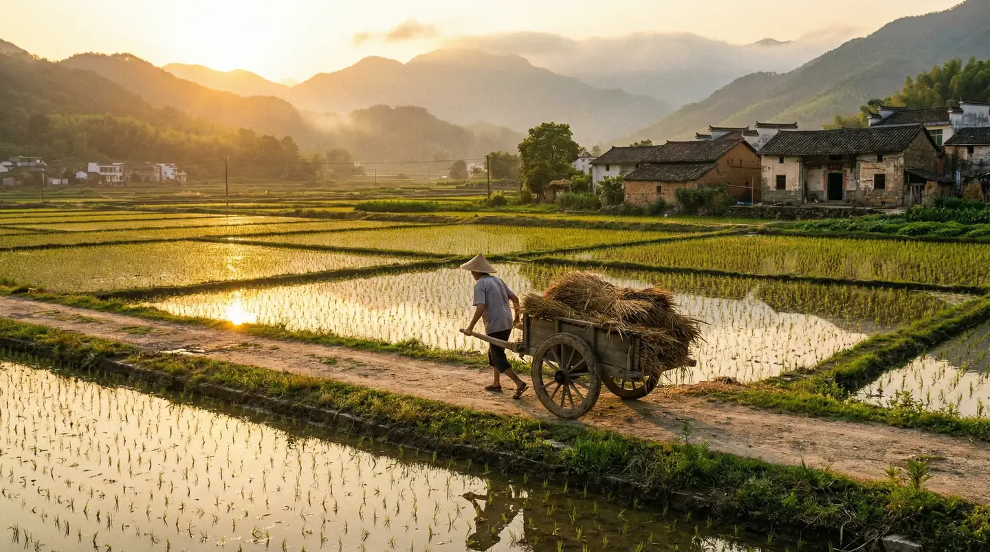 必胜韩国语园地影视 - 金色夕阳下的乡村田野，老农推着木车行走在田埂上